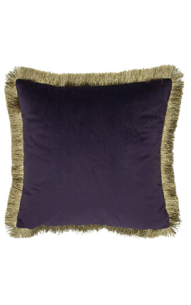 Coussin carré en velours prune avec galon à franges dorées 45 x 45