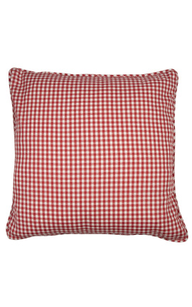 Röd och vit stor checkered "Vichy" kvadratisk kudde med piping 55 x 55