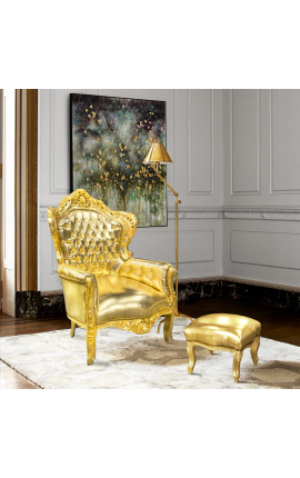 Poltrona grande estilo barroco em couro sintético dourado e madeira dourada