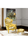 Duży fotel w stylu barokowym złota ekoskóra i złote drewno