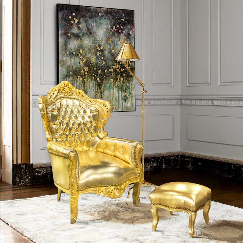 Chemicaliën Slip schoenen geschiedenis Grote fauteuil in barokstijl goud kunstleer en goud hout