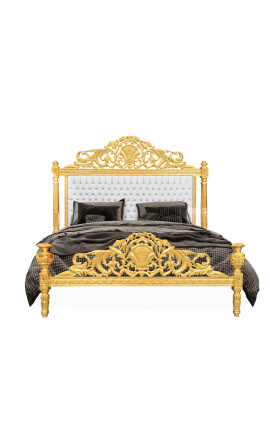 Barok bed wit kunstleer met strass steentjes en goud hout