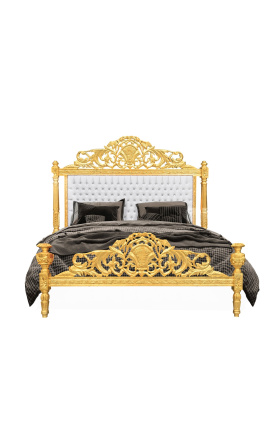 Łóżko w stylu barokowym biała ekoskóra z kryształkami i złotym drewnem