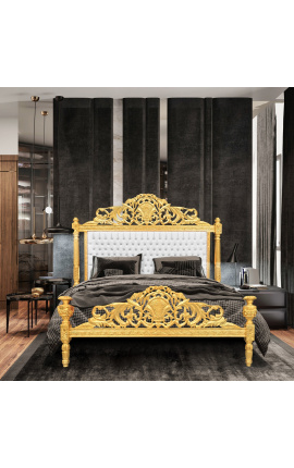 Barokní postel bílá koženka s kamínky a zlatým dřevem