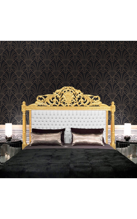 Barok bed hoofdeinde wit kunstleer met strass steentjes en goud hout