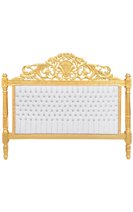 Барокова табла за легло, бяла изкуствена кожа с кристали и златно дърво