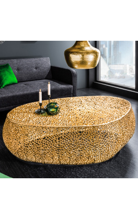 Large oval "Cory" coffee table in steel and gold colored metal 120 cm