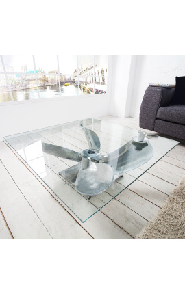 Square "Helix" coffee table in aluminum and silver-colored steel with glass top