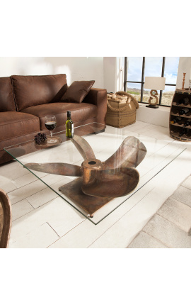 Kvadrat "Helix" kaffebord i aluminium och kopparfärgat stål med glastopp