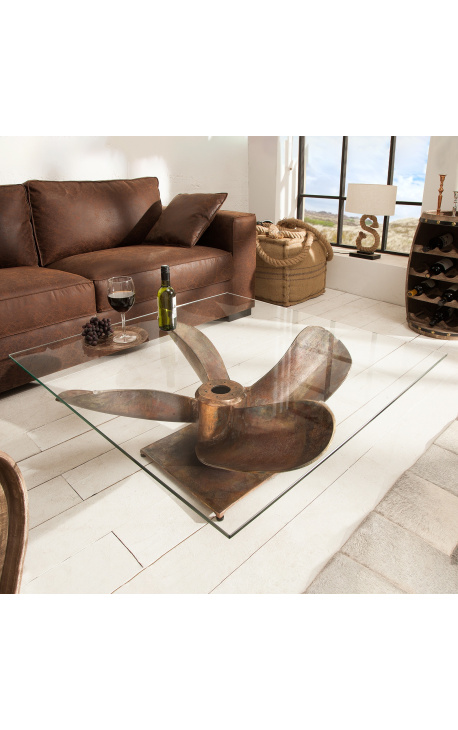 Square "Helix" coffee table in aluminum and copper-colored steel with glass top