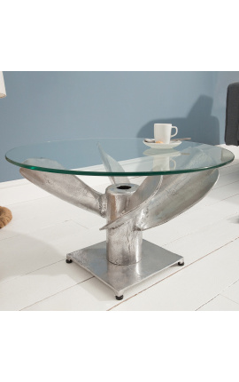 Apvalus &quot;Heliks&quot; kavos stalas iš aliuminio ir sidabrinio plieno su stiklo viršuje