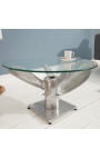 Table basse ronde "Helix" en aluminium et acier couleur argenté avec plateau en verre