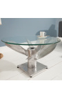 Round "Helix" coffee table in aluminum and silver-colored steel with glass top