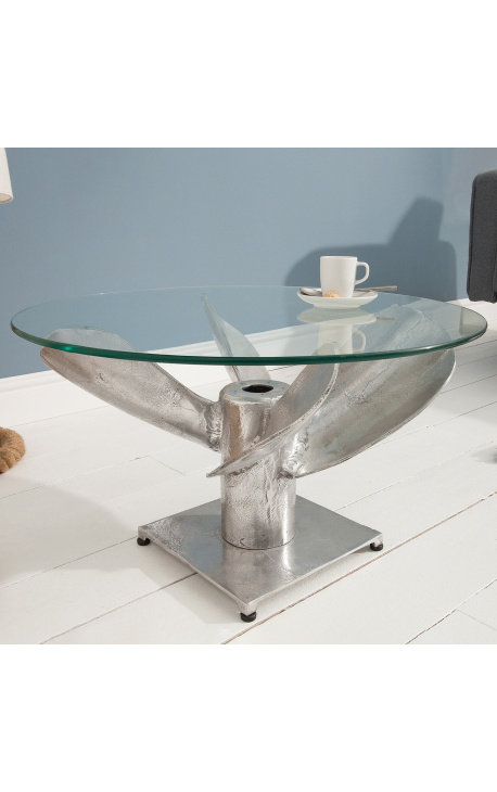 Rund rund "Helix" sofabord i aluminium og sølv-farvet stål med glas top
