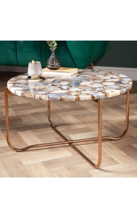Mesa redonda de café Lucy con ágata y ónice superior con soporte de metal dorado