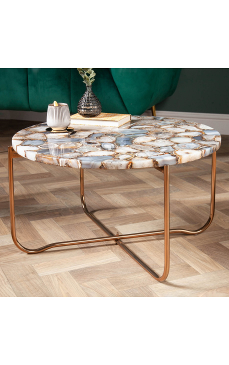 Round koffie tafel "Lucy" met agate en onyx top met gilded metalen stand