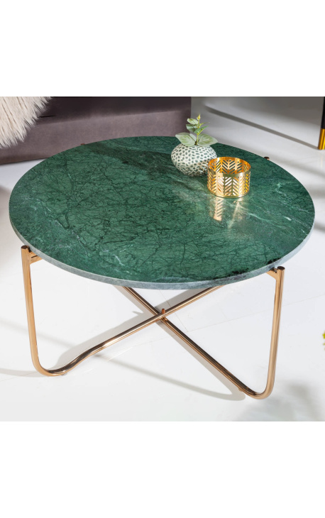 Table basse ronde "Lucy" plateau en marbre vert avec pied en métal doré