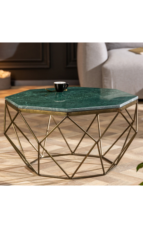 Mesa de centro octogonal "Diamo" com tampo em mármore verde e metal latão