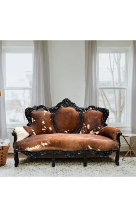 Barokk kanapé marhabőr barna-fehér, fekete fa