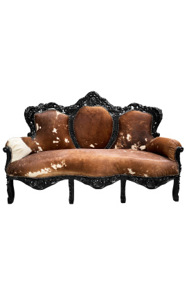 Barok sofa okselæder brun og hvid med blank sort træ