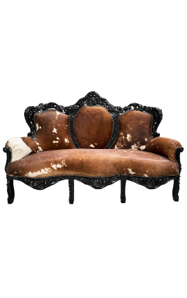Divano barocco in pelle di mucca marrone e bianco con legno nero lucido