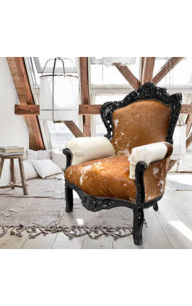 Gran sillón de estilo barroco real de vaca y madera negra