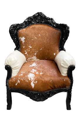 Голям бароков фотьойл от естествена телешка кожа и черно дърво