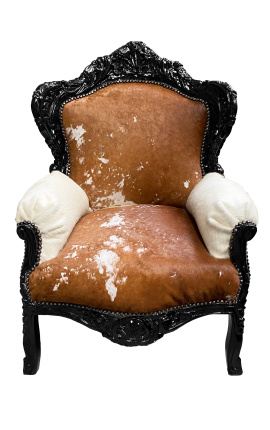 Grand fauteuil de style baroque en vrai peau de vache marron et bois laque noir