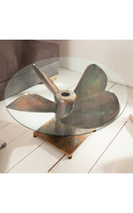 Rond "Helix" koffietafel in aluminium en koperkleurig staal met glazen bovenkant