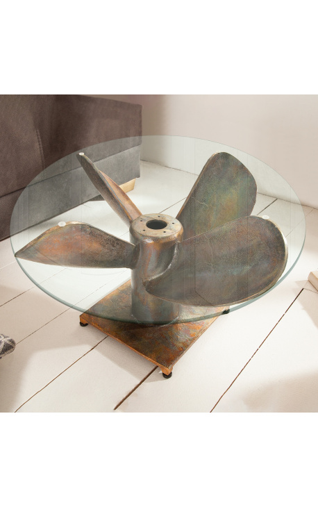 Mesa redonda de café Helix en aluminio y acero de color cobre con tapa de vidrio