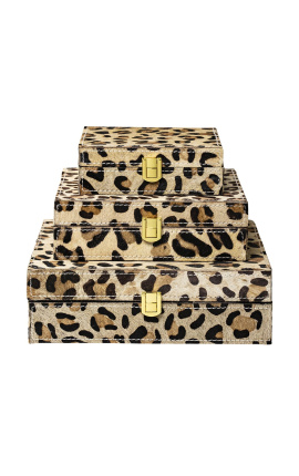 Conjunto de caixa de joias quadrada de couro de leopardo (conjunto de 3)