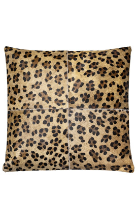 Quadratisches Kissen aus Rindsleder mit Leopardenmuster, 45 x 45