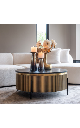 HERMIA round coffee table with black marble top, golden brass