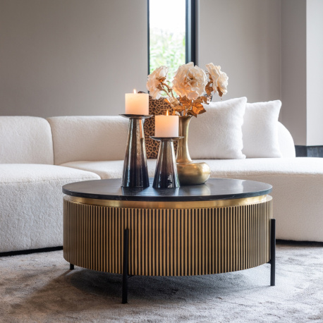 HERMIA round coffee table with black marble top golden brass