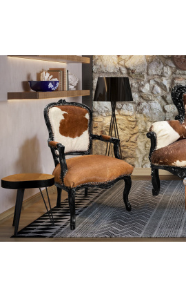 Baroque armchair of Louis XV style real cow leather brown and white and black lacquered wood