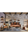Baroque armchair of Louis XV style real cow leather brown and white and black lacquered wood