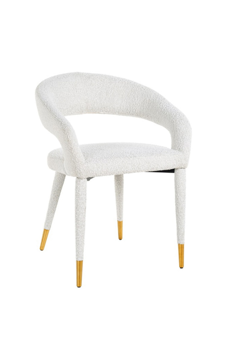 Dining chair "Siara" design in white bouclé fabric with golden legs