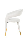 Dining chair "Siara" design in white bouclé fabric with golden legs