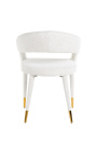 Dining chair "Siara" design in white bouclé fabric with golden legs