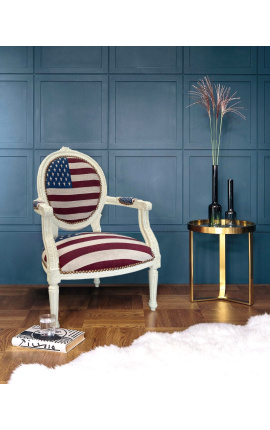 Fauteuil baroque de style Louis XVI &quot;Drapeau Americain&quot; et bois beige