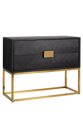 Commode BOHO 2 tiroirs - chêne noir et acier inoxydable doré