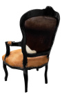 Baroque armchair of Louis XV style real cow leather brown and white and black lacquered wood