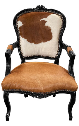 Barokke fauteuil van Louis XV-stijl koeienhuid bruin en wit en glanzend zwart hout