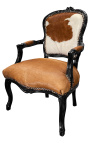 Fauteuil baroque de style Louis XV vraie peau de vache marron et bois noir