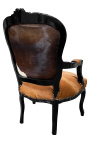 Fauteuil baroque de style Louis XV vraie peau de vache marron et bois noir