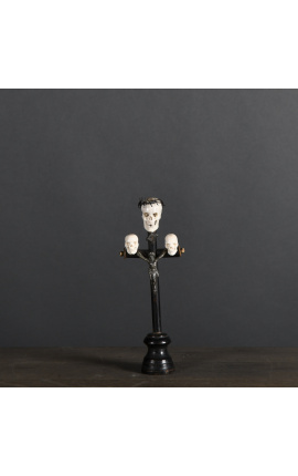 Crocifisso (Dimensione S) "Memento Mori" in legno nero, metallo e corno