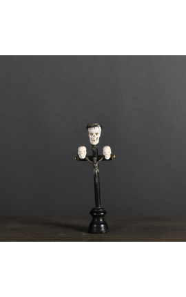 Kruzifix (Größe S) "Memento Mori" aus schwarzem Holz, Metall und Horn