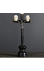 Crucifix (grootte S) "Memento Mori" in zwart hout, metaal en hoorn