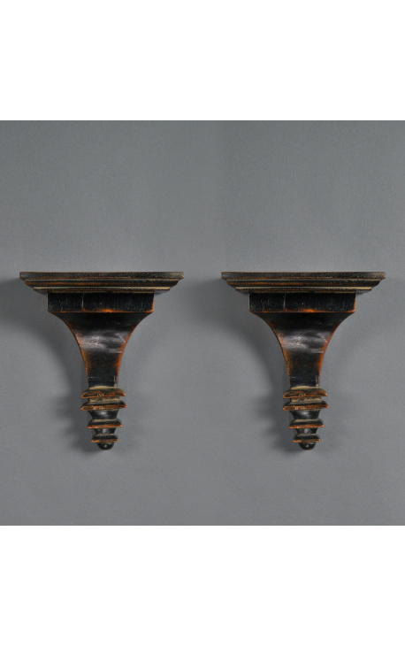Kvadratinių Viktorijos laikų šviestuvų pora iš patinuotos juodos medienos