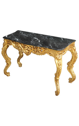 Console de style baroque Louis XV Rocaille en bois doré et marbre noir